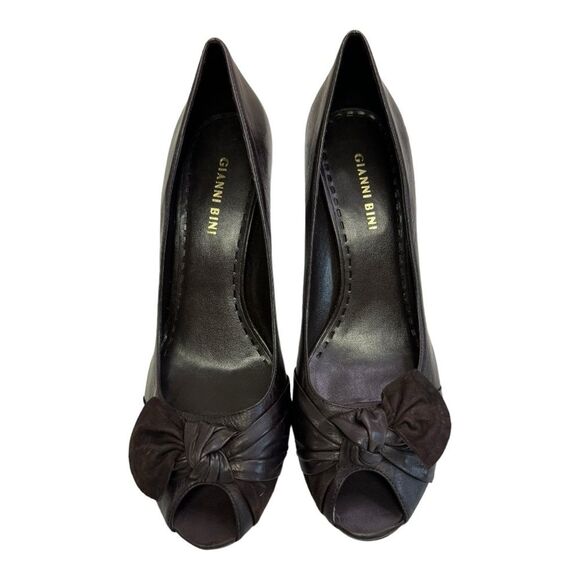 Gianni Bini Brown Leather Peep Toe Heels with Bow Detail - Women's Shoes - Picture 2 of 14